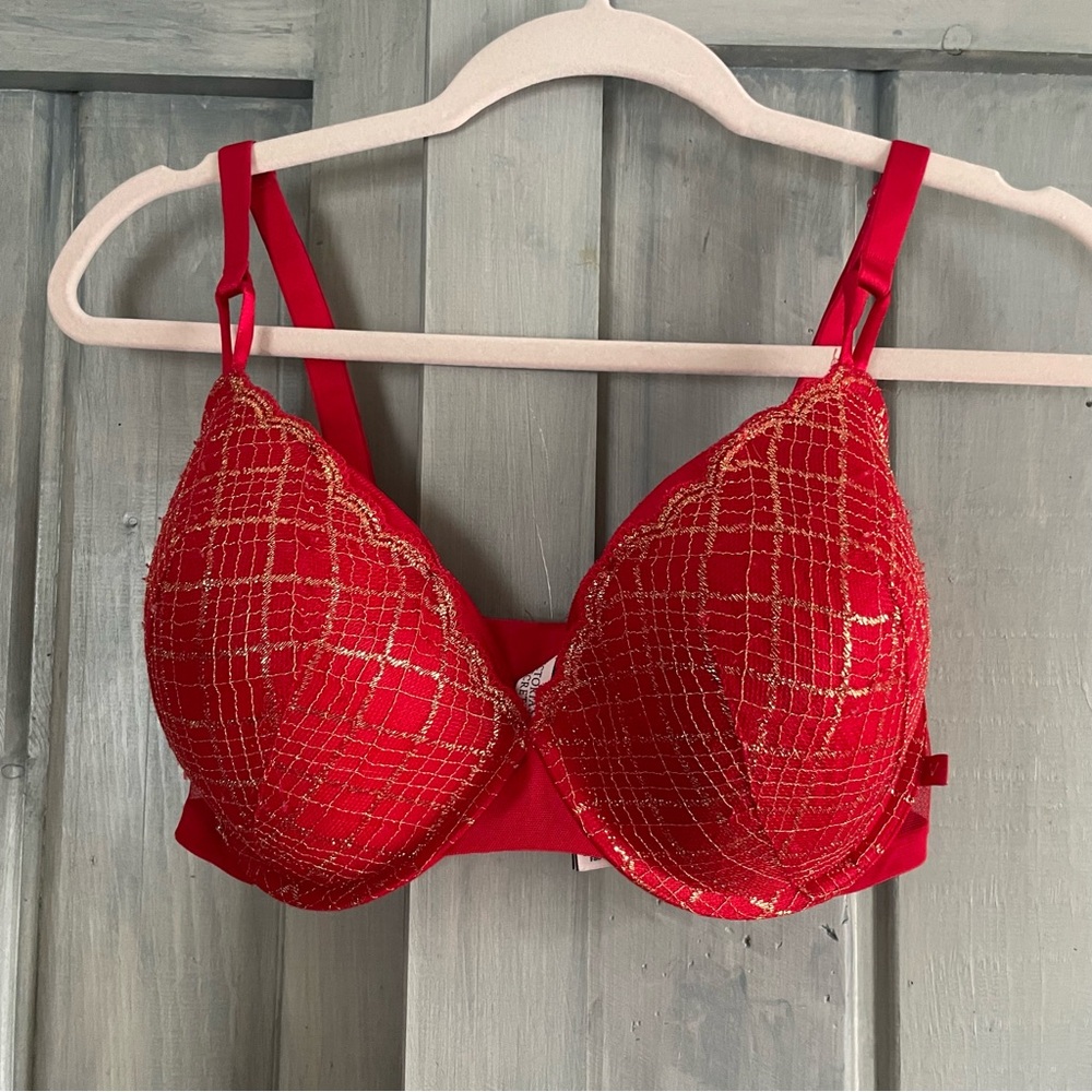 Victoria Secret Red Gold Lace Bra Lined Demi 36DDD